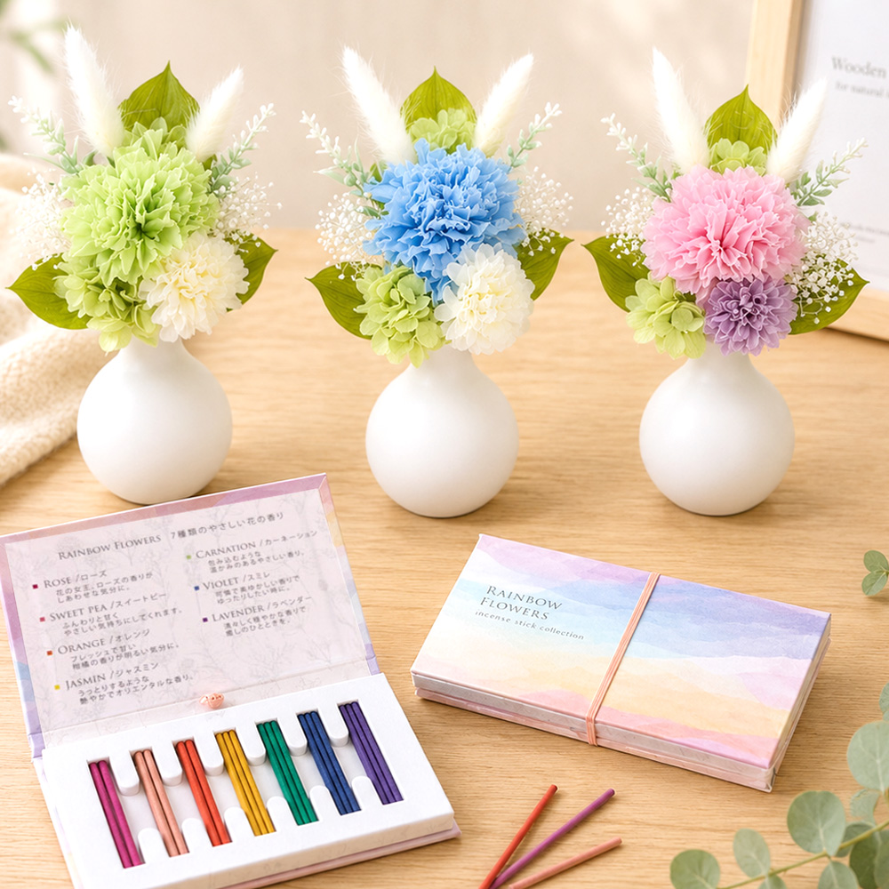 【線香付き】 お供え花束 心伝え花-カーネーション-(ピンク/ブルー/グリーン) /プリザーブドフラワー