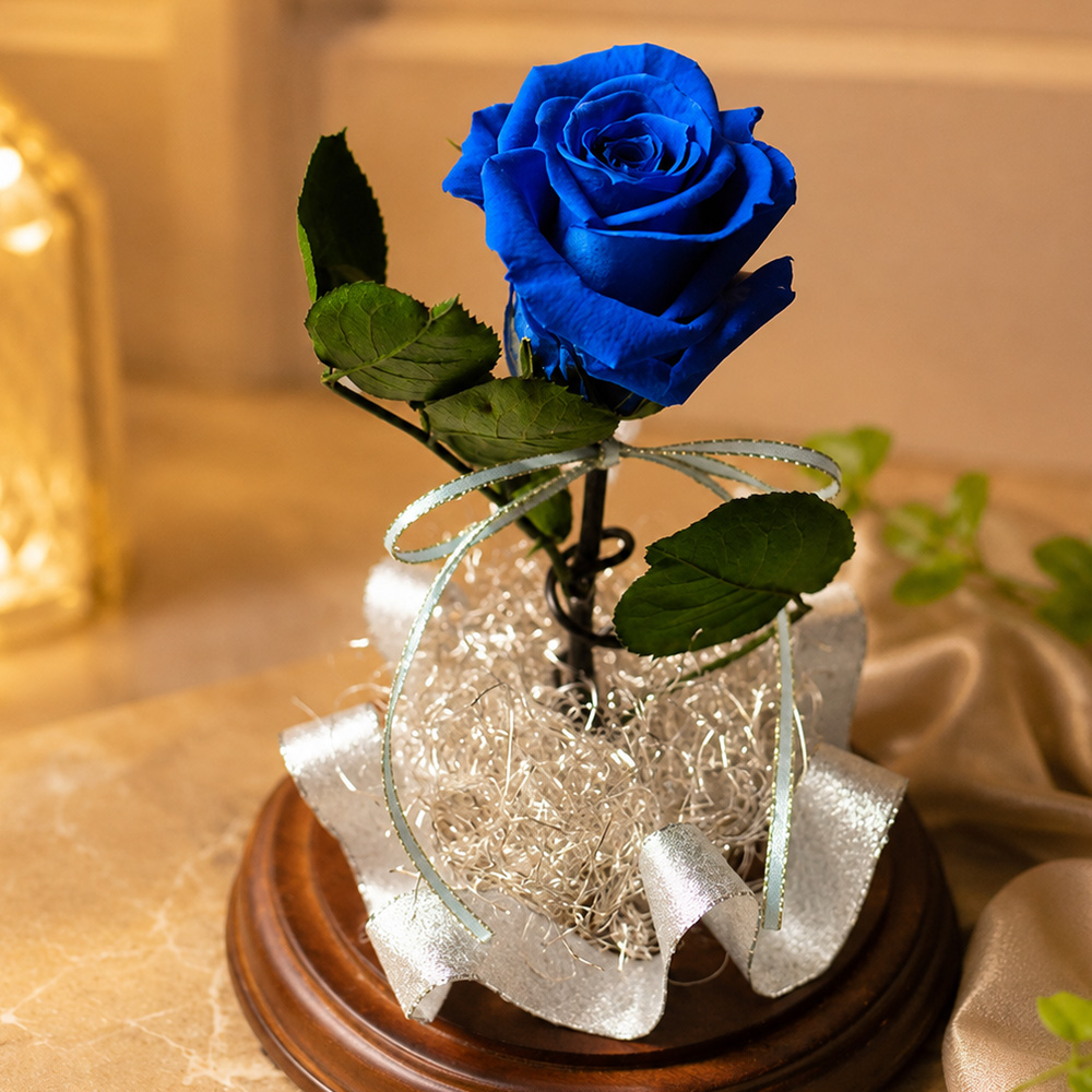天然ダイヤモンド付き プリザーブドフラワー ブルーローズ ガラスドーム 青い薔薇 天然ダイヤモンド付き プリザーブドフラワー ブルーローズ ガラス