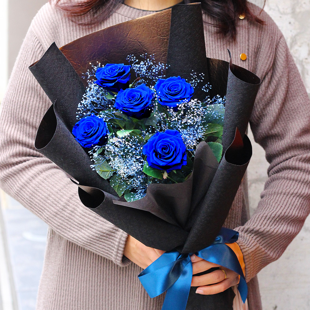 go with(ブルー)/青バラ5本の花束プリザーブドフラワー