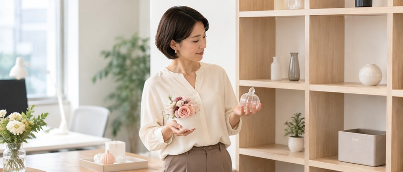 就任祝いの大きさや置きやすさを確認する様子