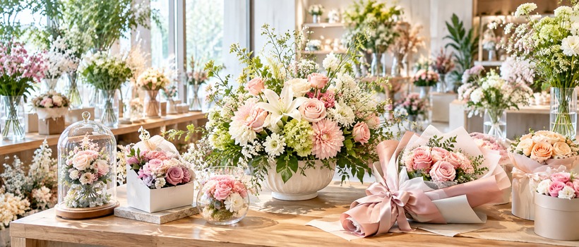 開業祝いの花ギフトが並ぶフラワーショップ