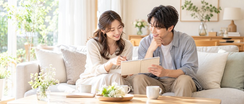 二人の予定を確認しながら話し合うカップル