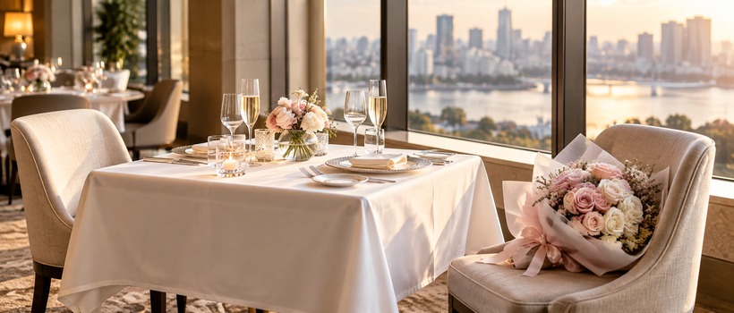 ホテルレストランで花束を用意したプロポーズの情景