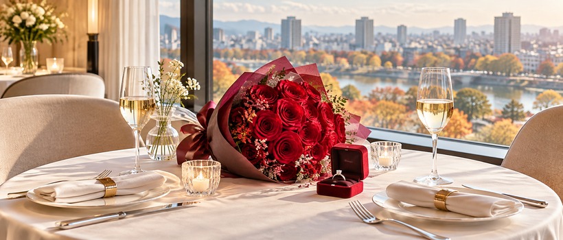 プロポーズの花束と指輪を用意したホテルレストラン