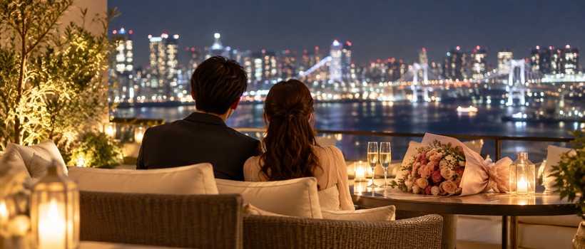 夜景を眺めながらプロポーズの時を過ごすカップル