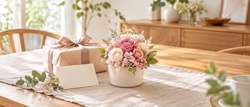 メッセージカードを添えた記念日の花ギフト