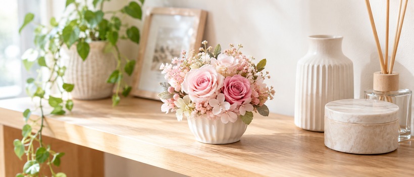 暮らしになじむ淡いピンクの花アレンジメント