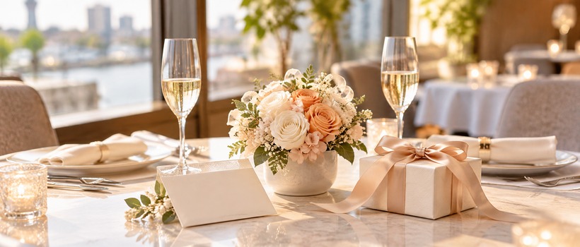 いい夫婦の日に贈る花とギフトを飾ったレストランのテーブル